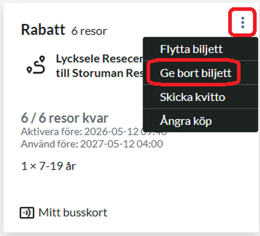 Exempel på hur man ger bort sin biljett på Mina Sidor