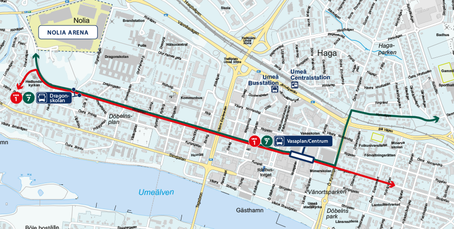 Busslinjer och hållplatser vid Nolia Arena, se beskrivning