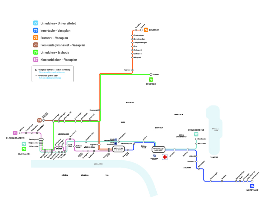 Linjesträckning och hållplatser för linjerna 72 till 81 i Umeå, se beskrivning
