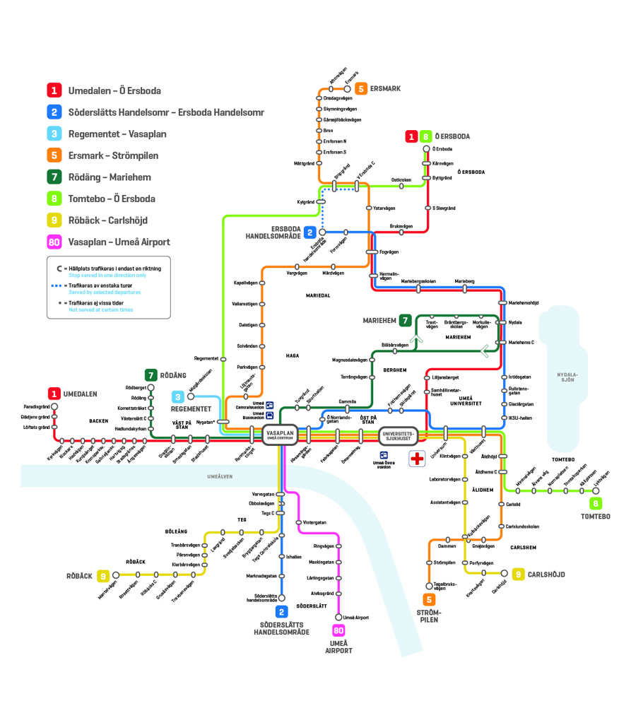 Linjesträckning och hållplatser för linjerna 1 till 9 samt flygbussen i Umeå, se beskrivning