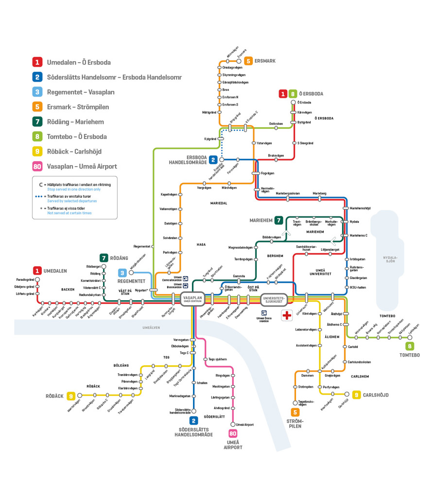 Linjesträckning och hållplatser för linjerna 1 till 9 samt flygbussen i Umeå, se beskrivning