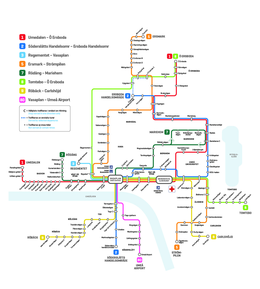 Routes and bus stops for lines 1 to 9 and the airport bus in Umeå, see description