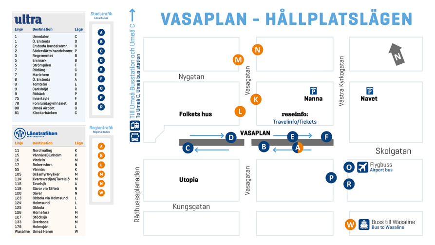 Hållplatslägen och linjeförteckning för hållplatsen Umeå Vasaplan, se beskrivning
