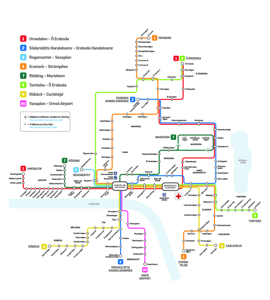 Linjesträckning och hållplatser för linjerna 1 till 9 samt flygbussen i Umeå, se beskrivning