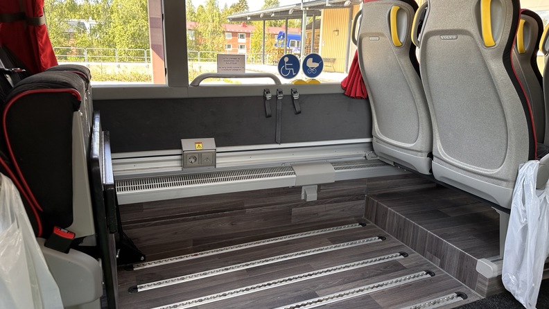Rails onboard a bus for securing wheelchairs